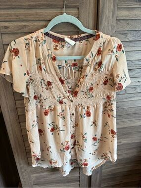 Knox Rose Cream Floral Smocked Button-Front Blouse